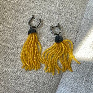 Black Rhinestone and Yellow Bead Drop Dangle Earrings - Statement Jewelry